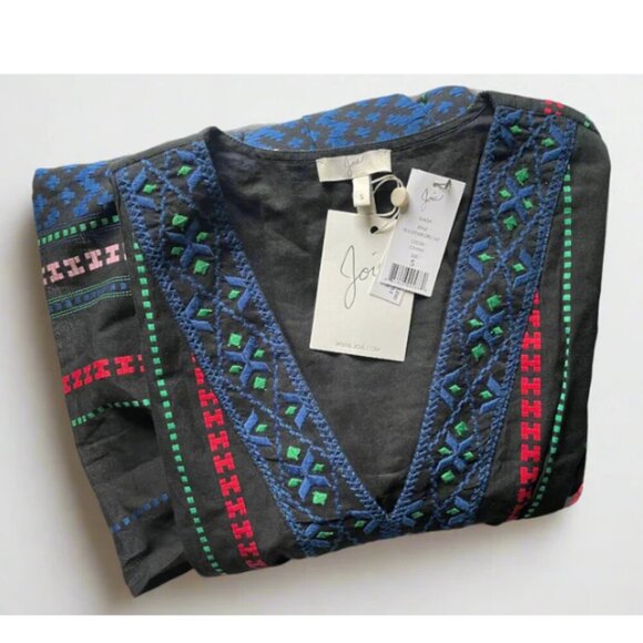 Joie Boho Embroidered Cotton Mini Dress Small Black VNeck Blue Shada Bell Sleeve - Picture 8 of 9